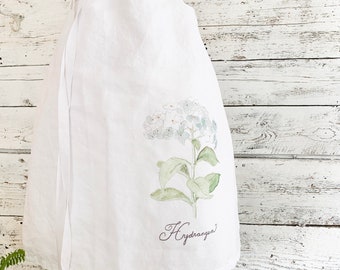 Cafe Apron with blue hydrangea watercolor print.  One size fits all French linen apron is a unique gift for her birthday.  Machine washable.