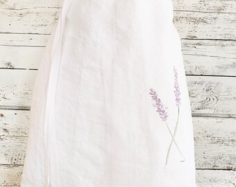 Cafe Apron with lavender watercolor print.  One size fits all French linen apron is a unique gift for her birthday.  Machine washable.
