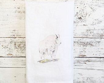 Mountain Goat French linen tea towel, white stone washed  dish towel, house warming, hostess gift, birthday present wildlife lover