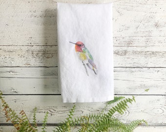 Anna's hummingbird  French linen tea towel, white stone washed  dish towel, house warming, hostess gift, birthday present bird lover