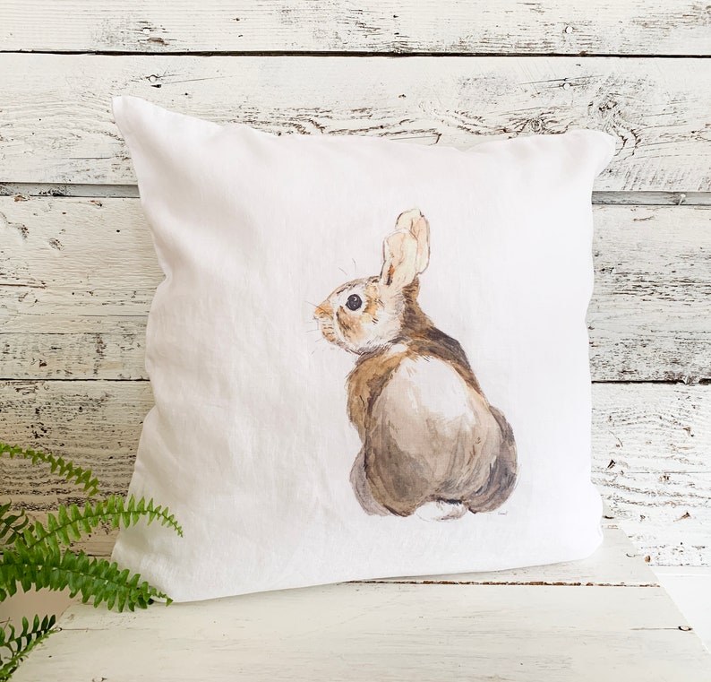 Bunny French linen pillow cover, white stone washed French linen rabbit themed home decor, Easter themed rabbit ideas image 1