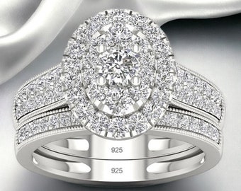 Anillo de diamantes, conjunto de anillos de pareja, plata de ley 925, piedra de circón, perfecto para bodas y compromisos, acento de oro de 14 k, anillo de mujer.