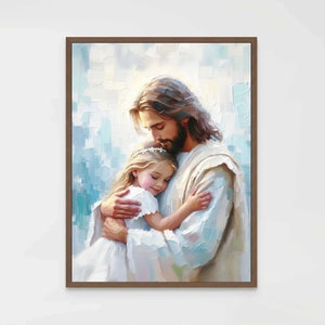 Consuelo suave, arte mural cristiano, arte de Jesús y una niña, pintura de Jesús, arte mormón, arte mural bíblico, Jesús abrazando a una niña, arte de Jesús con niños