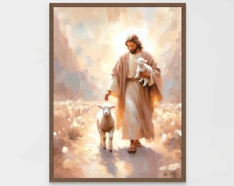 Ein Hirte, christliche Kunst, Jesus Hirte Kunst, Jesus Malerei, HLT Kunst, Bibelmalerei, Jesus und Lamm Kunst, Gleichnis vom verlorenen Schaf, Jesus Kunst