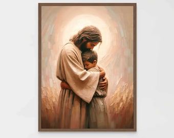 May include: A painting of a man with long brown hair and a white robe embracing a young boy. The man is looking down at the boy, who is looking up at the man. The background is a soft, light brown color.