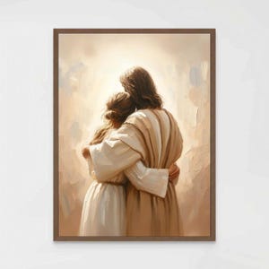 Troost in geloof, christelijke prenten, Jezus geneest een vrouw, Jezusfoto, Jezus met meisjekunst, katholieke kunst, religieuze kunst, Christuskunst