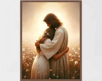 Find His Love, Christian Art, Jesus Hugging Girl, Jesus Painting, Christian Home Decor, Bible Art, Jesus with Girl, Jesus Print, Jesus Art