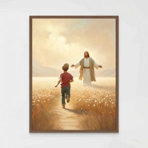 Son of Christ, Christian Painting, Jesus with Boy, Jesus Picture, Christ with Kids, Bible Prints, Jesus Art Prints, Boy Running to Jesus