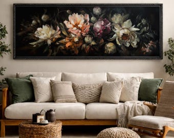 Gran bodegón floral Paisaje/ Lámina floral enmarcada, Gran obra de arte mural con ambiente melancólico, Arte con ambiente melancólico, Marco vintage, Arte mural panorámico