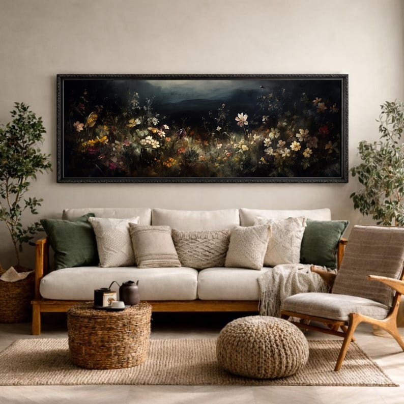 Grandes flores de campo melancólicas / impresión enmarcada, arte mural grande con melancolía, arte melancólico, pintura al óleo vintage, arte oscuro, marco vintage, arte mural panorámico imagen 3