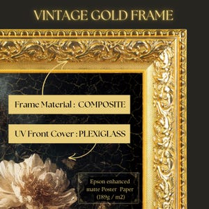 Puede incluir: Un marco dorado vintage con detalles ornamentados. El marco est&aacute; hecho de material compuesto y tiene una cubierta frontal de plexigl&aacute;s. El texto "Frame Material: COMPOSITE" y "UV Front Cover: PLEXIGLASS" es visible en la imagen.