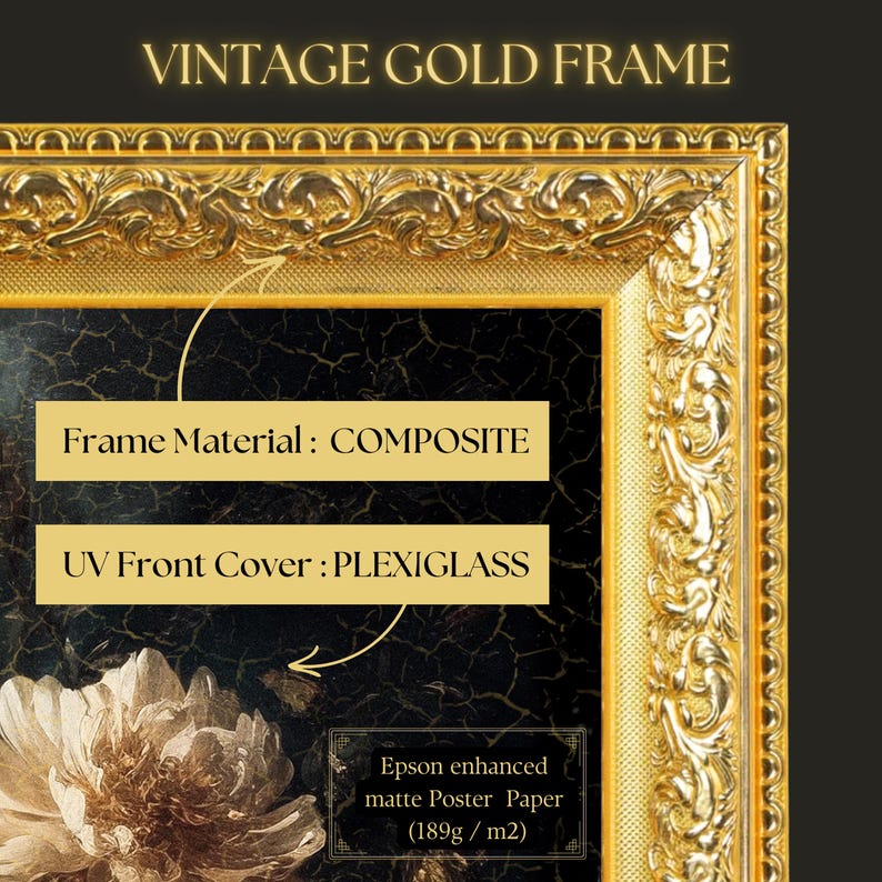 Puede incluir: Un marco dorado vintage con detalles ornamentados. El marco est&aacute; hecho de material compuesto y tiene una cubierta frontal de plexigl&aacute;s. El texto "Frame Material: COMPOSITE" y "UV Front Cover: PLEXIGLASS" es visible en la imagen.