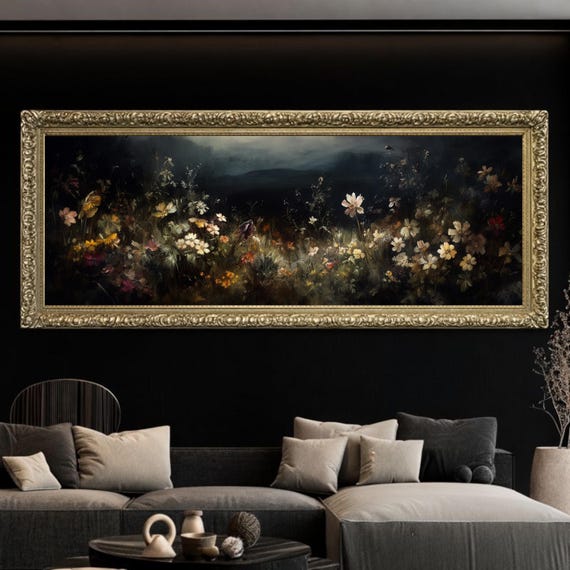 Large Moody fieldflowers | framed print, Large moody wall art, Moody art, vintage oil painting, dark  art, vintage frame, Panoramic wall art