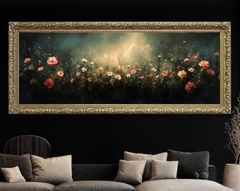 Paisaje de campo de flores silvestres/impresión enmarcada, arte mural grande con un toque melancólico, arte melancólico, pintura al óleo vintage, oscuro, marco vintage, arte mural panorámico