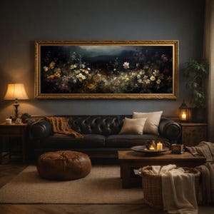 Grandes flores de campo melancólicas / impresión enmarcada, arte mural grande con melancolía, arte melancólico, pintura al óleo vintage, arte oscuro, marco vintage, arte mural panorámico imagen 16