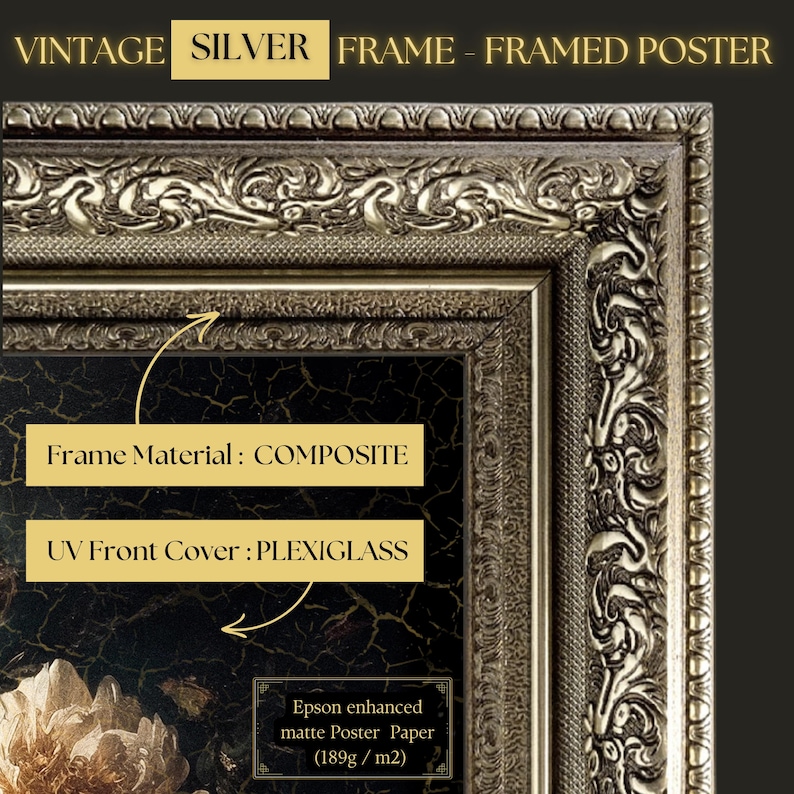 Grandes flores de campo melancólicas / impresión enmarcada, arte mural grande con melancolía, arte melancólico, pintura al óleo vintage, arte oscuro, marco vintage, arte mural panorámico Vintage Silver Frame