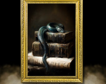 Snake & books | framed print, Ornate Gold Framed, Moody art, vintage oil painting, dark  art, vintage frame, dark academia