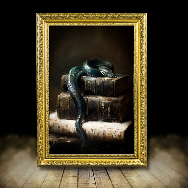 Snake & books | framed print, Ornate Gold Framed, Moody art, vintage oil painting, dark  art, vintage frame, dark academia