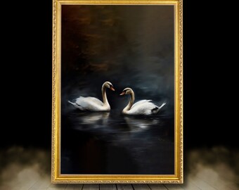 May include: A framed painting depicts two white swans on a dark, reflective body of water. The swans have orange beaks and are set against a moody, dark background. The ornate gold frame adds a classic touch to the artwork.