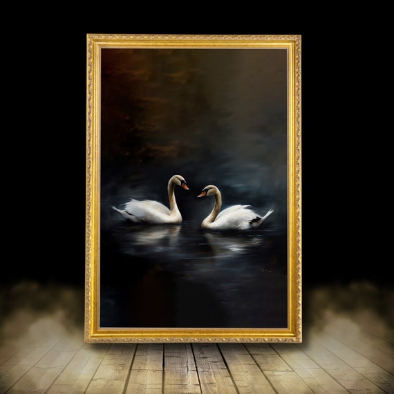 Swan vintage framed print, Ornate Gold Framed, Moody art, vintage oil painting, dark  art, vintage frame, dark academia