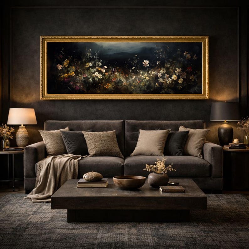Grandes flores de campo melancólicas / impresión enmarcada, arte mural grande con melancolía, arte melancólico, pintura al óleo vintage, arte oscuro, marco vintage, arte mural panorámico imagen 14
