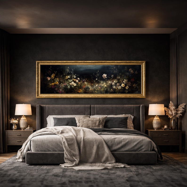 Grandes flores de campo melancólicas / impresión enmarcada, arte mural grande con melancolía, arte melancólico, pintura al óleo vintage, arte oscuro, marco vintage, arte mural panorámico imagen 2