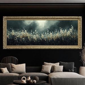 Stimmungsvoller Wildblumentraum | stimmungsvolles Wandbild, großes Poster, stimmungsvolles Wandbild, Stimmungsvolles Bild, Vintage Ölgemälde, dunkle Kunst, Vintage Goldrahmen, Panoramabild