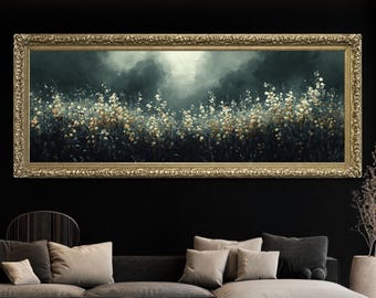 Sueño de flores silvestres melancólico / impresión enmarcada, arte mural melancólico grande, arte melancólico, pintura al óleo vintage, arte oscuro, marco dorado vintage, impresión panorámica