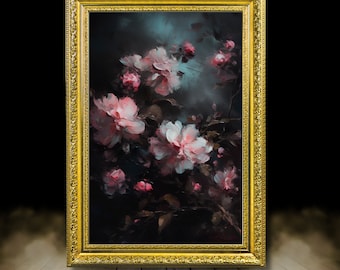 Pinky flowers | framed print , Ornate Gold Framed, Moody art, floral cloud art, vintage flowers, dark academia