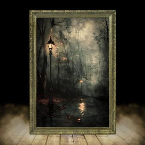 Neblige Straße gerahmtes Poster | Aufwändiger Goldrahmen, Moody Art, Vintage Ölgemälde, dunkle Kunst, Vintage Rahmen, dunkle Wissenschaft