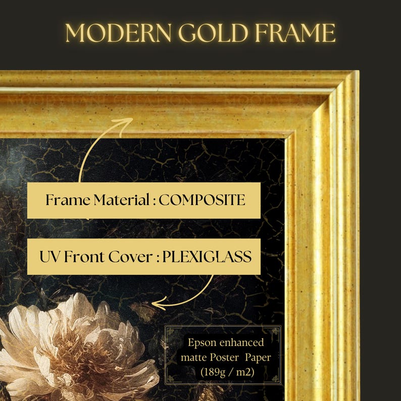 Puede incluir: Un marco de color dorado con una imagen en blanco y negro en su interior. El marco est&aacute; hecho de material compuesto y tiene una cubierta frontal de plexigl&aacute;s. La imagen est&aacute; impresa en papel mate para p&oacute;ster con un peso de 189 gramos por metro cuadrado.