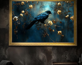 Moody blue Raven | framed print, Vintage gothic raven, Moody art, vintage oil painting, dark  art, vintage frame, dark academia