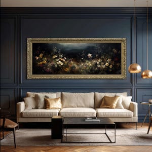 Grandes flores de campo melancólicas / impresión enmarcada, arte mural grande con melancolía, arte melancólico, pintura al óleo vintage, arte oscuro, marco vintage, arte mural panorámico imagen 12