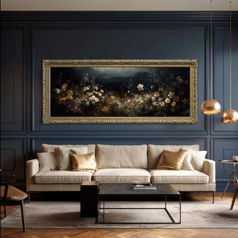 Grandes flores de campo melancólicas / impresión enmarcada, arte mural grande con melancolía, arte melancólico, pintura al óleo vintage, arte oscuro, marco vintage, arte mural panorámico imagen 12