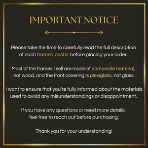 May include: A gold-framed black background with the text "IMPORTANT NOTICE" at the top. The text below provides details about the product, including the materials used and a request to read the full description before ordering.