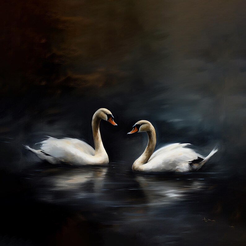 May include: An oil painting depicts two white swans with orange beaks and dark eyes, gracefully floating on a dark, reflective body of water. The background features a moody, dark sky with subtle cloud formations, creating a serene and romantic scene.