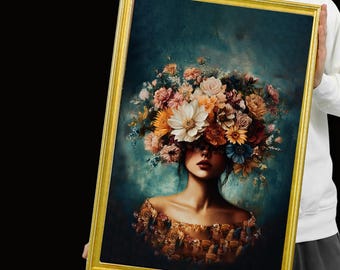 Può includere: Un dipinto incorniciato di una donna con una corona di fiori che le copre il viso. I fiori sono un mix di rosa, giallo, arancio e blu. La donna indossa un vestito dorato e ha un'espressione dolce e sognante.