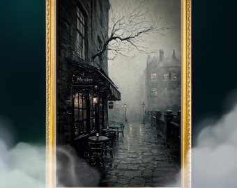 Foggy Cafe framed poster | Ornate Gold Framed, Moody art, vintage oil painting, dark  art, vintage frame, dark academia