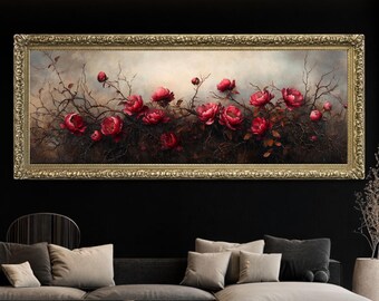 Impresión artística floral en rojo oscuro con ensoñación carmesí y peonías melancólicas. Arte de pared vintage botánico panorámico, decoración de pared grande para sofá. Obra de arte llamativa.