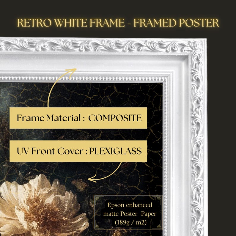 Grandes flores de campo melancólicas / impresión enmarcada, arte mural grande con melancolía, arte melancólico, pintura al óleo vintage, arte oscuro, marco vintage, arte mural panorámico Retro White Frame
