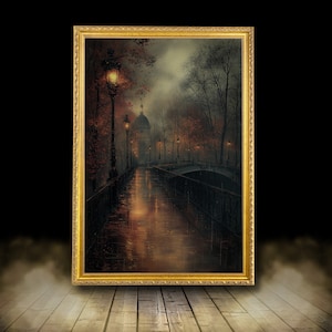 stimmungsvolle Straße | Verziertes gerahmtes Poster in Gold, Moody Art, Vintage Ölgemälde, dunkle Kunst, Vintage Rahmen, dunkle Wissenschaft