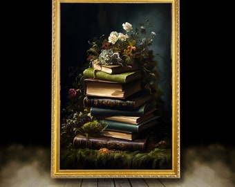 Books and flowers | framed print, Ornate Gold Framed, Moody art, vintage oil painting, dark  art, vintage frame, dark academia