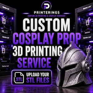 May include: A silver-coloured, textured knight helmet prop with a winged side detail. The image features the text PRINTERINGS CUSTOM 3D PRINTING & COSPLAY SERVICES and UPLOAD YOUR .STL FILES, set against a background of 3D printers with purple lighting.