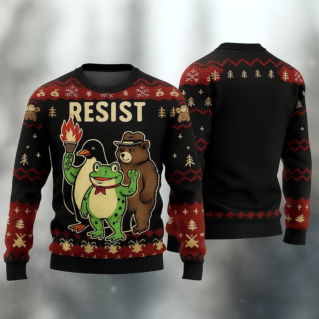Discover Resist Sweater, Portland Frog Protest Ugly Sweater, Anti ICE Sweater, I Stand With Frog, No Kings Day Shirt, No Kings Protest Sweater