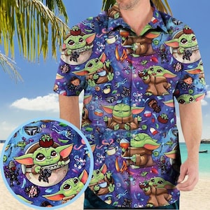 Camicia hawaiana con il simpatico cartone animato Baby Yoda, camicia estiva da spiaggia con bottoni, regalo per le vacanze per i fan di Star Wars