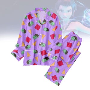 Zoey Pajamas Set, Kpop Demon Hunters pjs, Zoey Huntrix Cosplay Sleepwear, Turtle Pattern Beach Silk Pajamas, Pjs Gift For Her