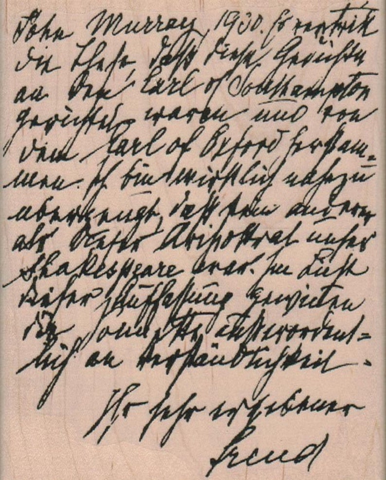 May include: A handwritten note on a light pink paper with black ink. The note reads "John Murray, 1900. so restrict die these, da&szlig; diese Gerichten an defe Carl of Southathpton gerichting waren uns von dent Harl of Oxford Herfen. men. If wind wirftlich eksezn nberhengt, dass erlin Augerer. als Neste Abipokrat unser Shakespeare brat. Hue dust Reher Schuffassung geweeten, die sond te abstewordent- Mich on best&auml;ndlichkeit. Ihr sehr erhebener frend".