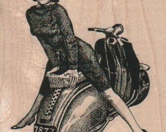 Lady Posing On Scooter wood mounted rubber stamp  17690