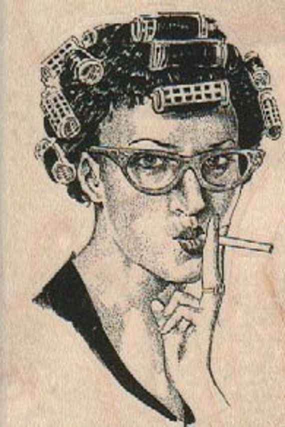curling cigarette rubber stamp Retro woman in curlers smoking cigarette craft supply number  18412 wood mounted, unmounted rubber or cling stamp