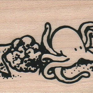 Op de afbeelding: Zwart-witte illustratie van een octopus, een zeester, schelpen en koraal op een lichtbruine achtergrond.